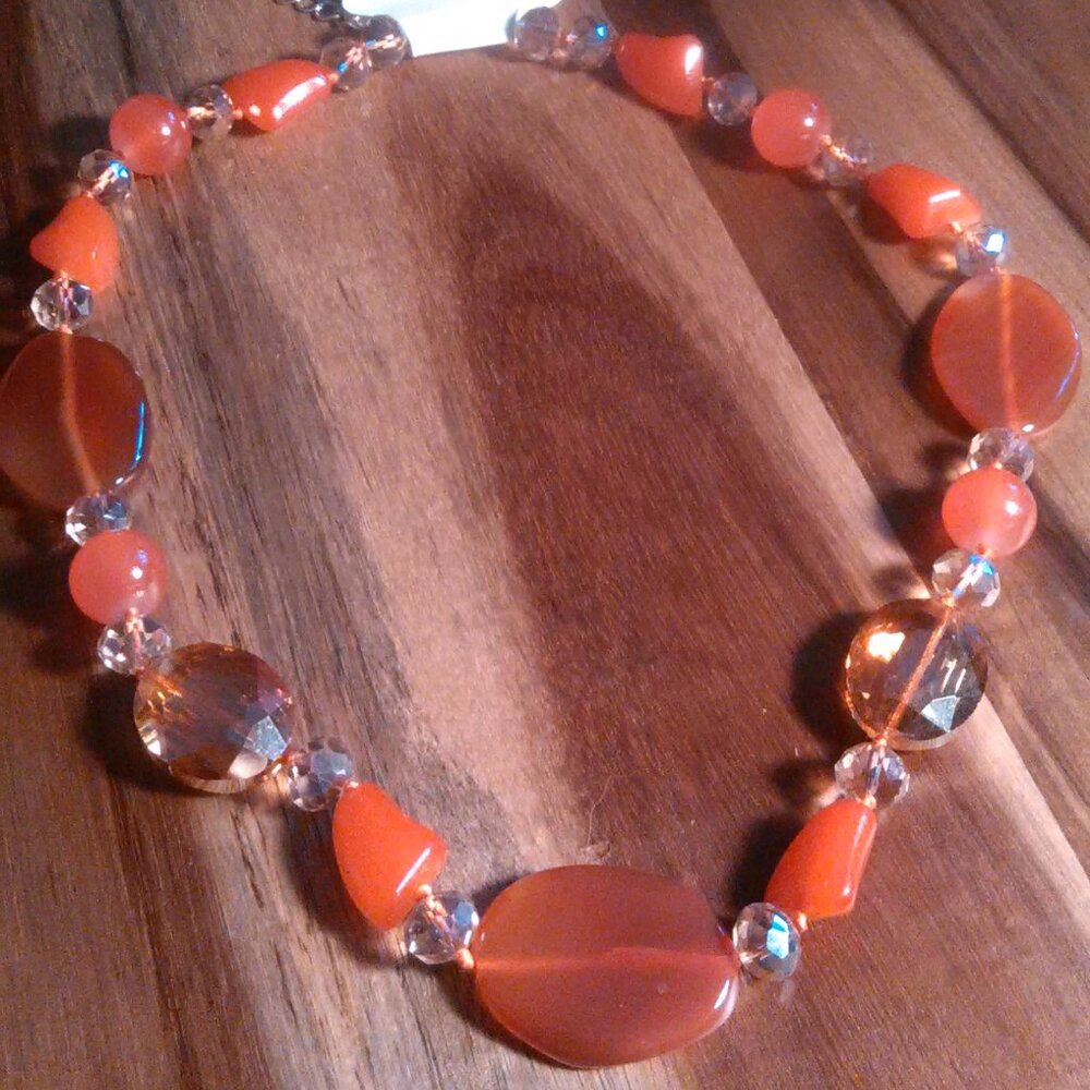 Red Agate and Multi-Color Glass Silvertone Necklace
